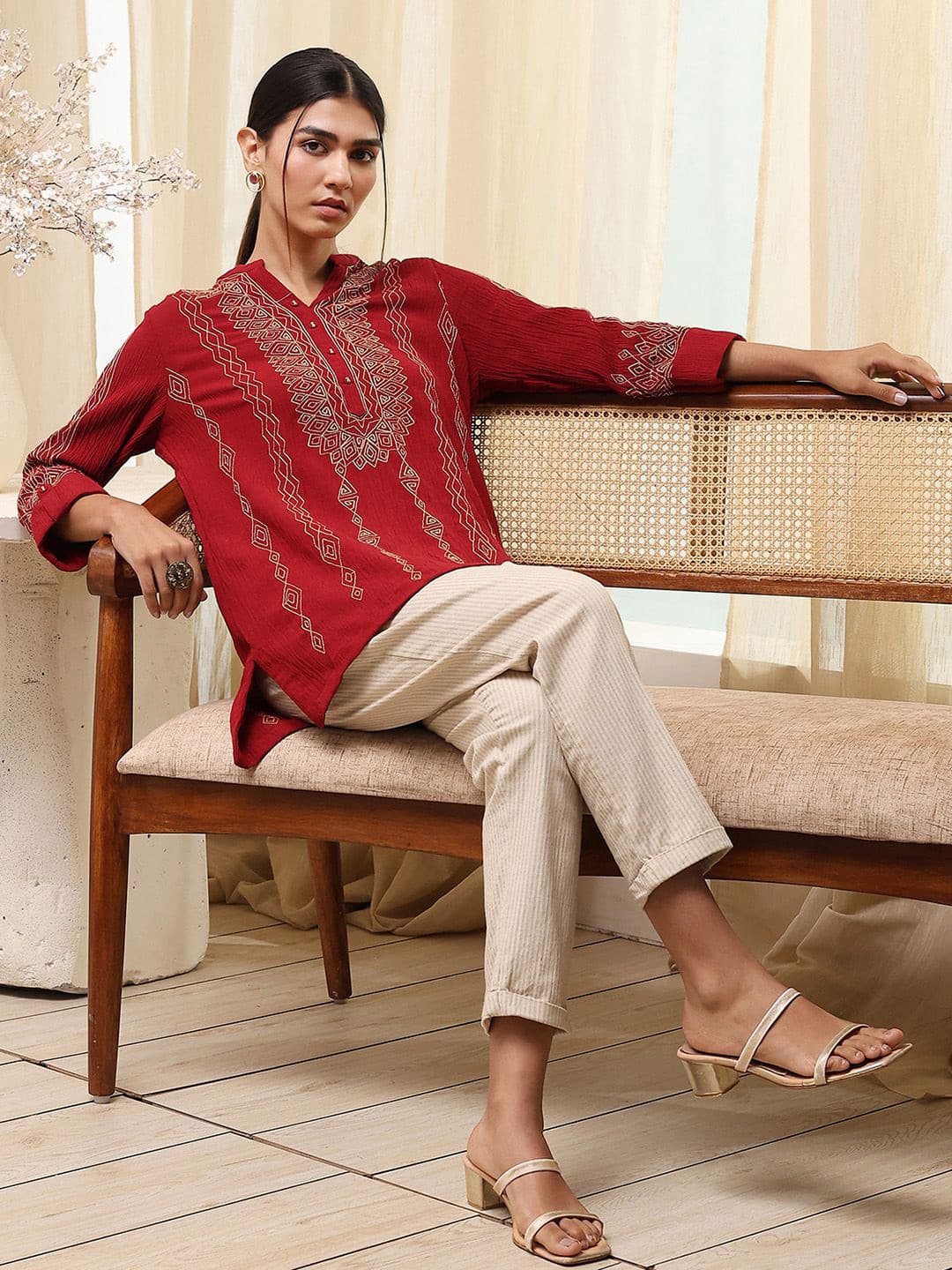 Biba Embroidered Thread Work Mandarin Collar Short Kurta