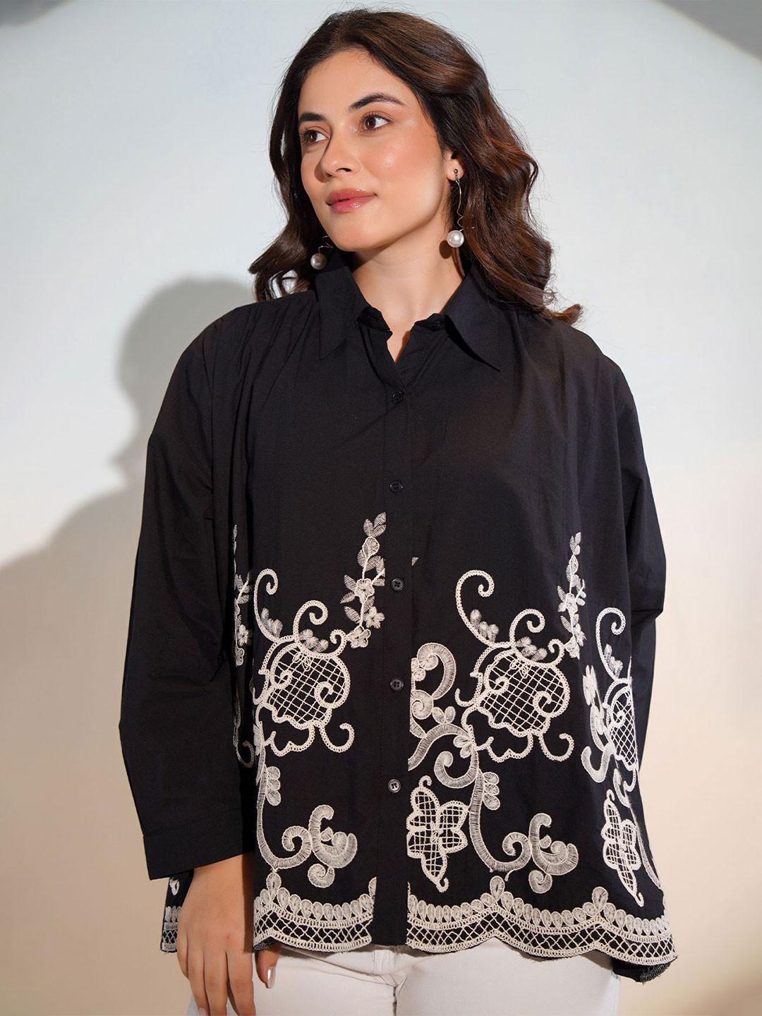 ZUMMER Relaxed Floral Embroidered Oversized Cotton Shirt