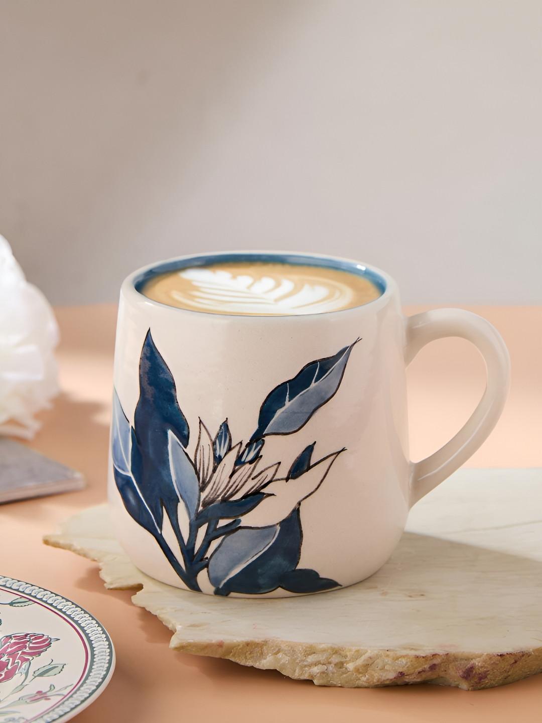 Fabindia Wabi Sabi White & Blue Floral Printed Ceramic Matte Mug 290ml