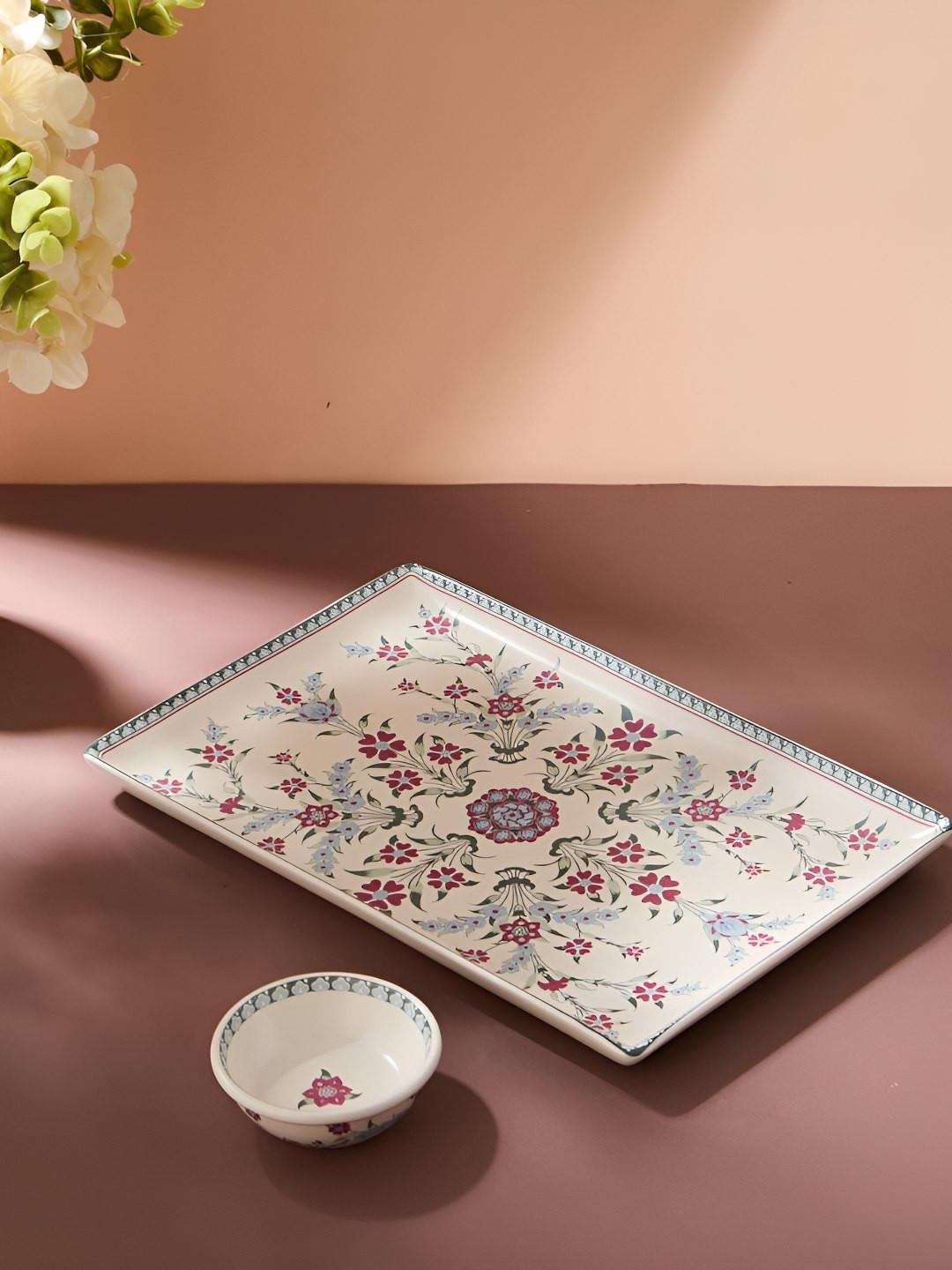 Fabindia Gulbagh White & Pink 2 Pieces Floral Printed Ceramic Food Platters