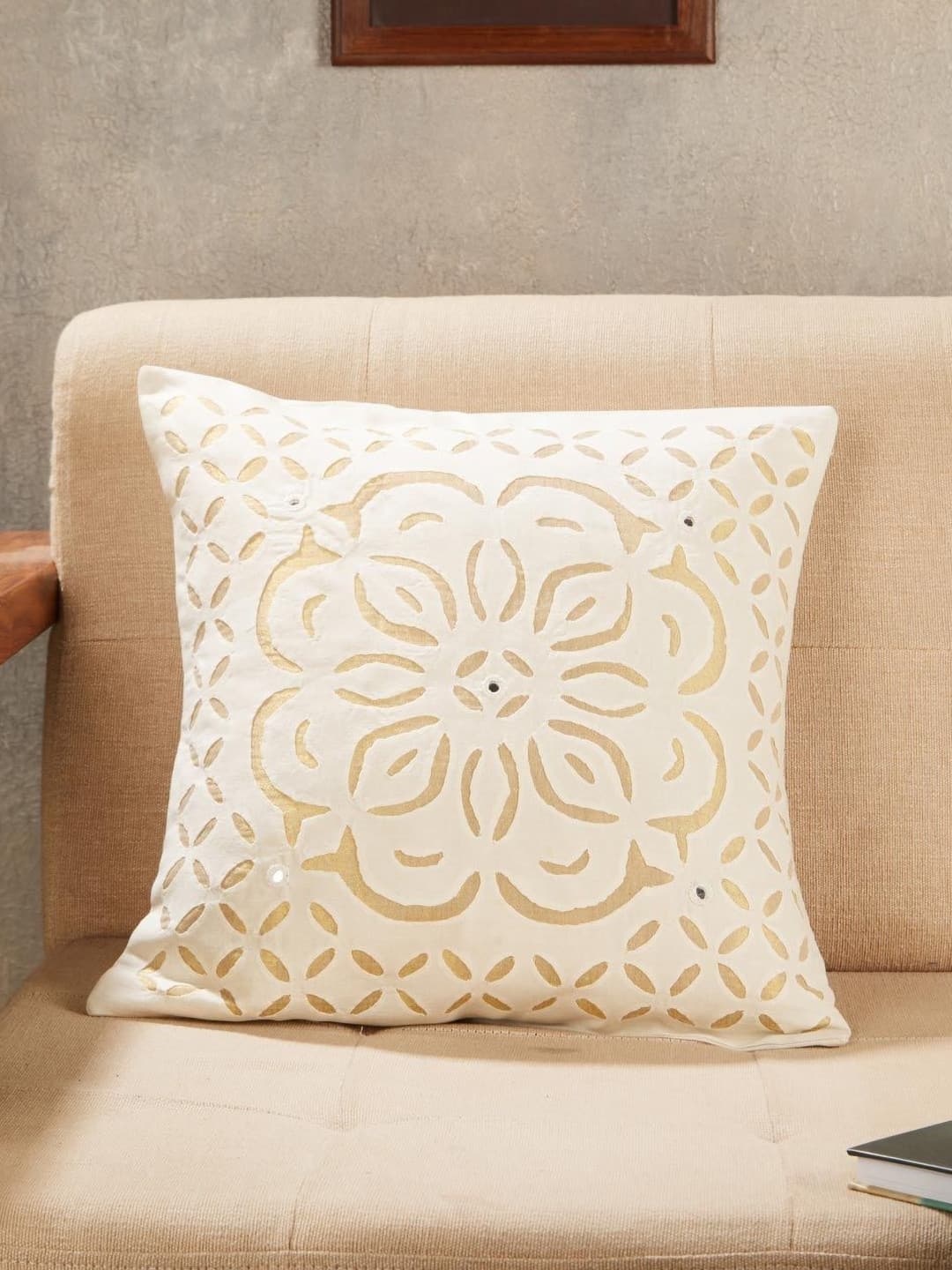Fabindia Adhira Off White & Beige Applique Cotton Square Cushion Cover