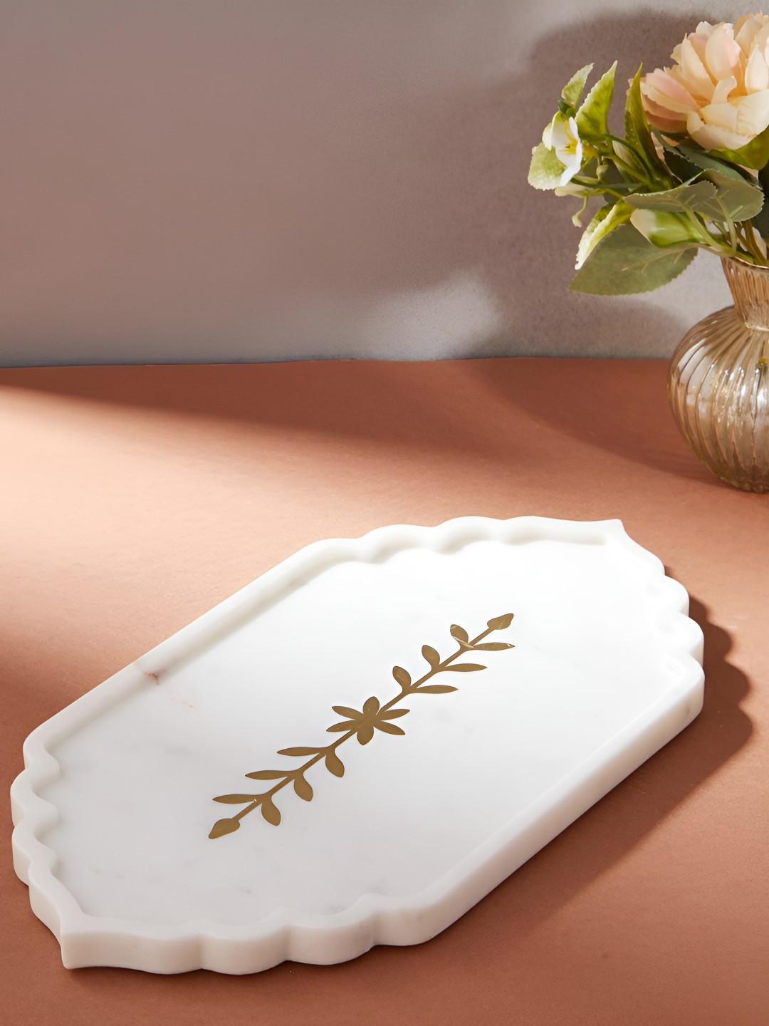 Fabindia Gulmohar Beige & Gold-Toned Printed Stoneware Food Platter