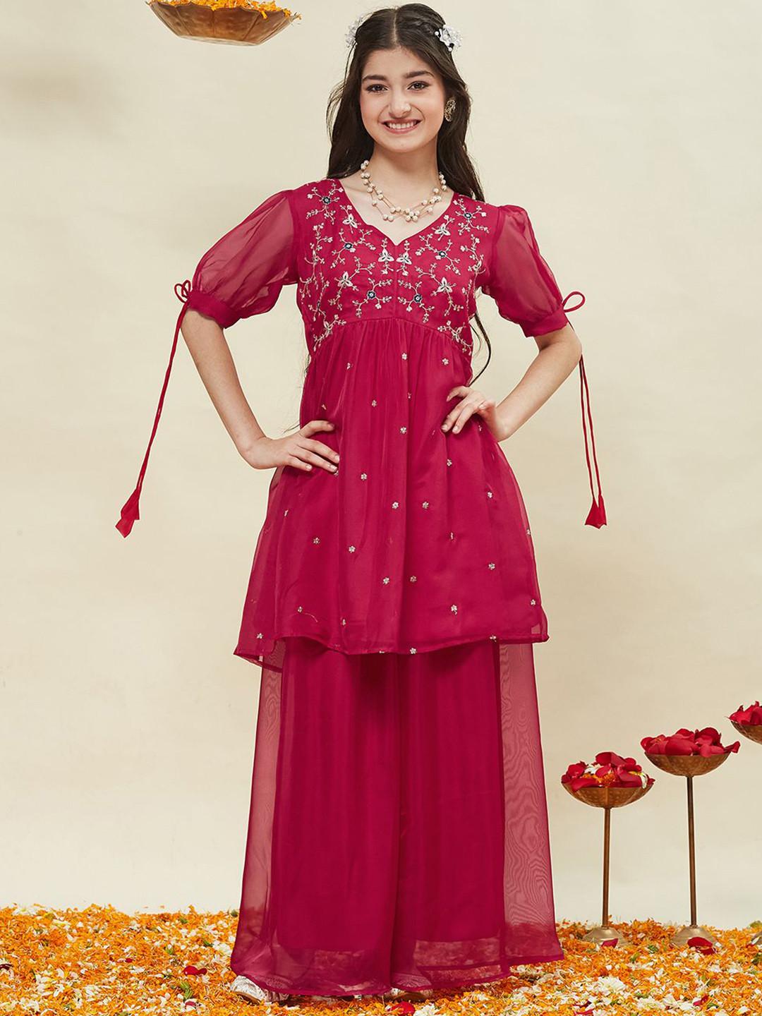 CurlyTales Girls Organza Embroidered Kurta and Plazzo Set