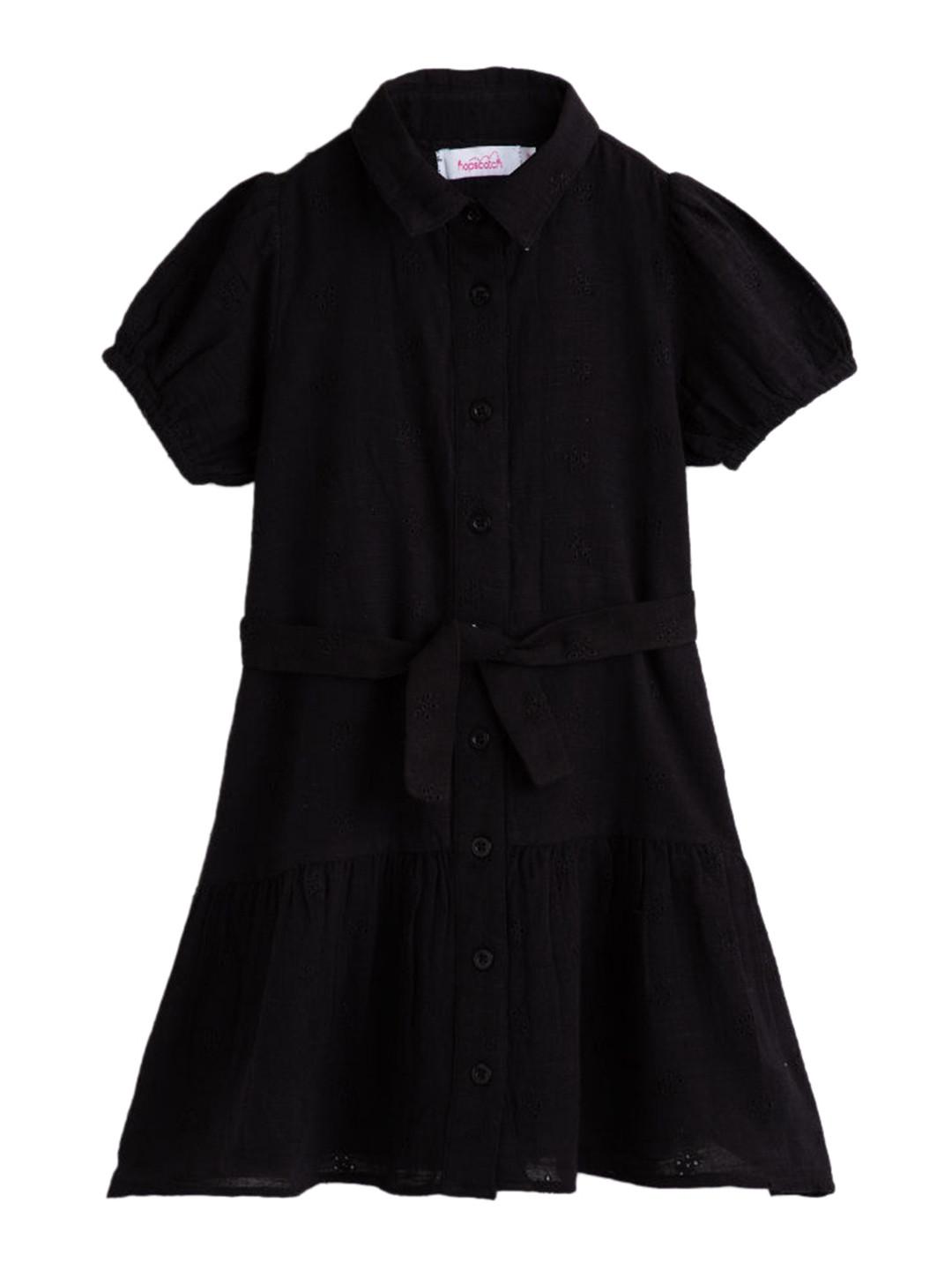 Hopscotch Girls Schiffli Pure Cotton Drop-Waist Puff Sleeve Dress