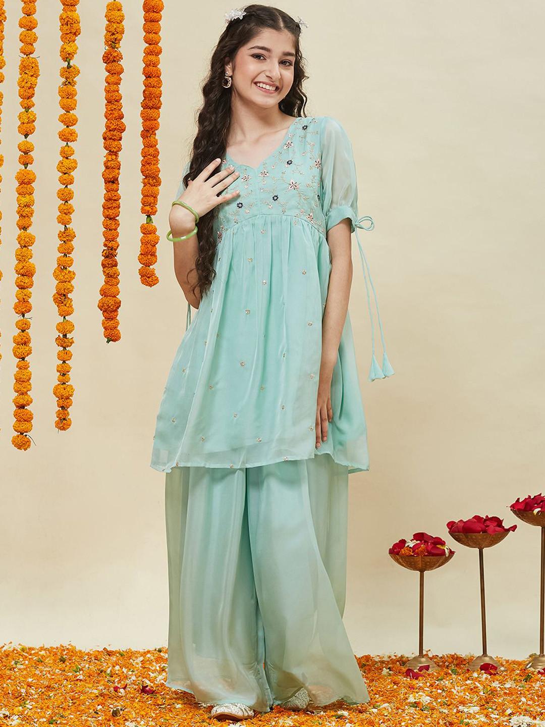 CurlyTales Girls Organza Embroidered Kurta and Plazzo Set