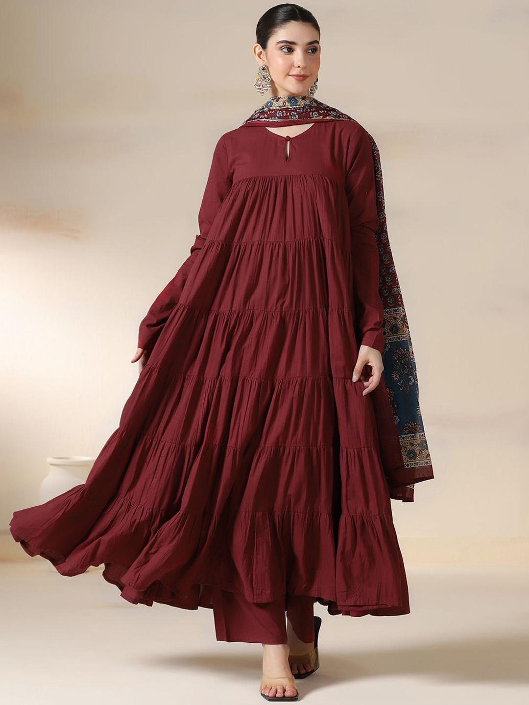 Mizaz Women Solid Cotton Anarkali Kurta with Trousers & Dupatta