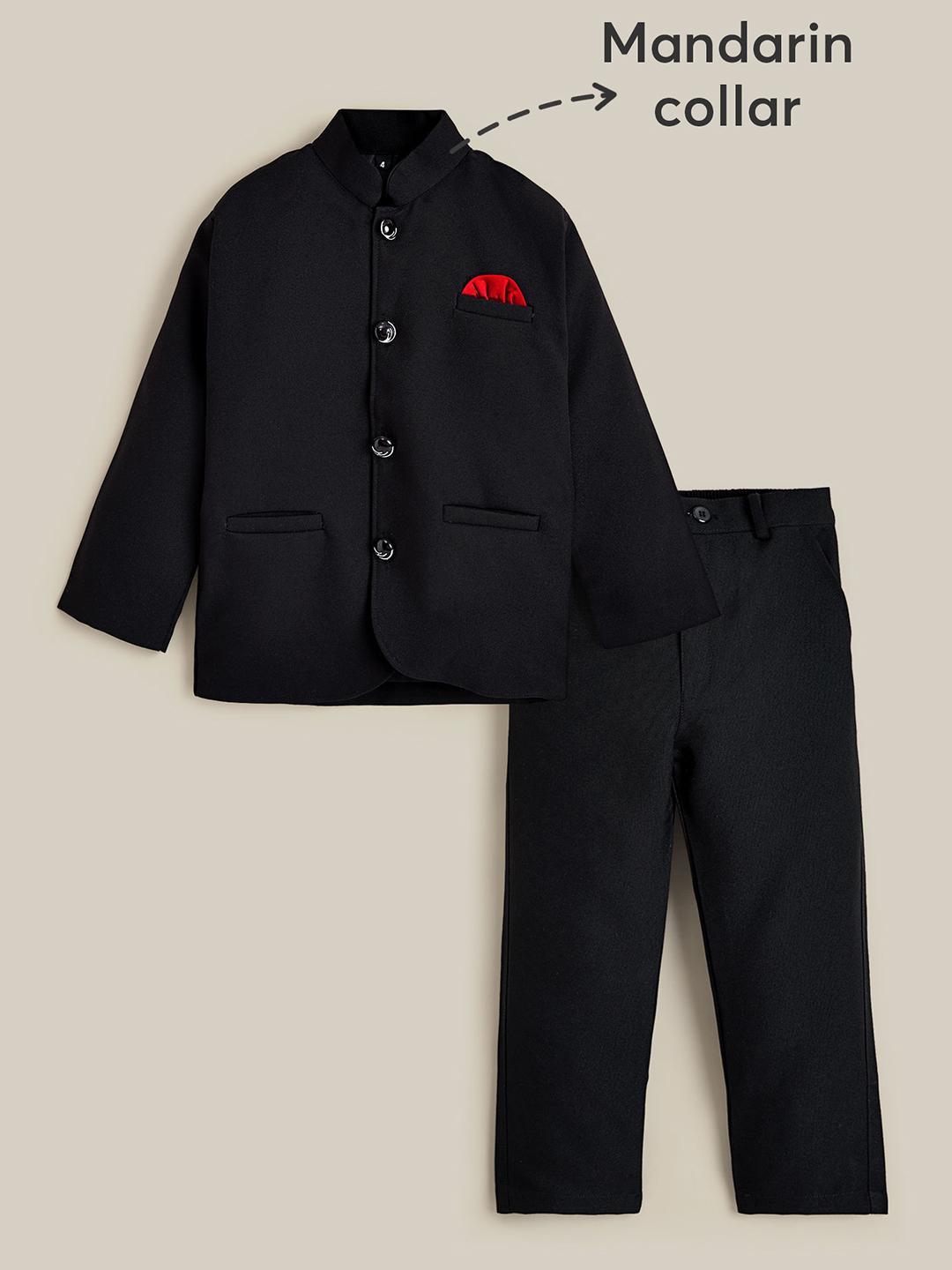 Hopscotch Boys 2 Pieces Black Solid Cotton Blend Classic Coat & Pants Set Clothing