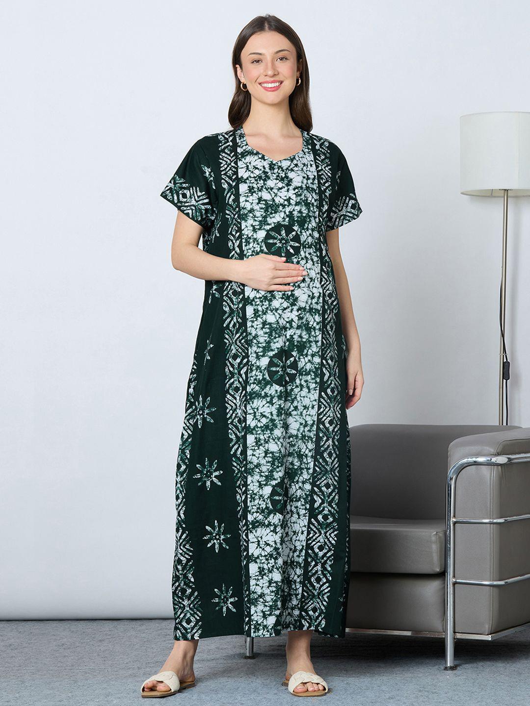 MomToBe Women Printed Cotton Sacramento Green Feeding Nighty Nightdress