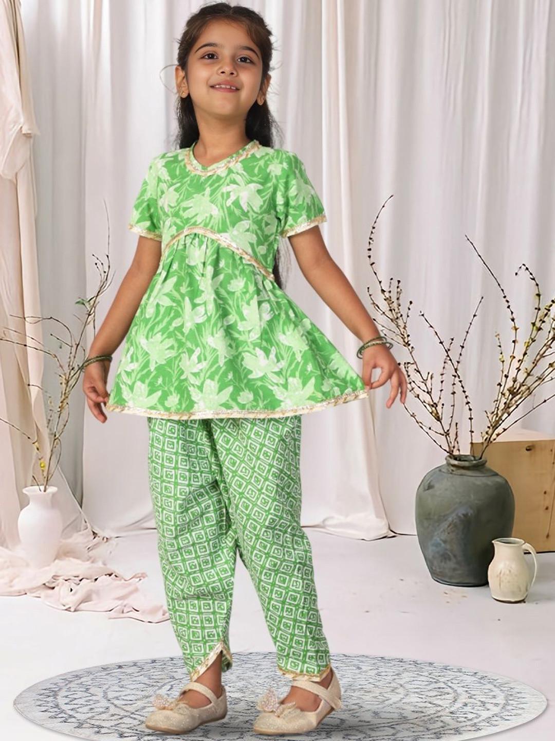 Cutiekins Girls Floral Print Empire Gotta Patti Anarkali Kurta with Dhoti Pants