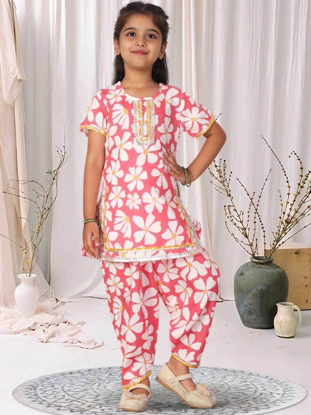 Cutiekins Girls Floral Printed Round Neck Gotta Patti Straight Kurta With Dhoti Pants