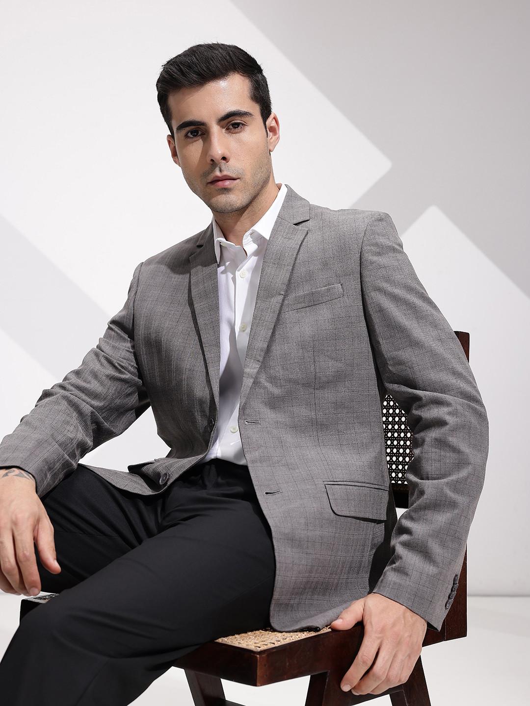 INVICTUS Slim Fit Checked Notched Lapel Single-Breasted Formal Blazers