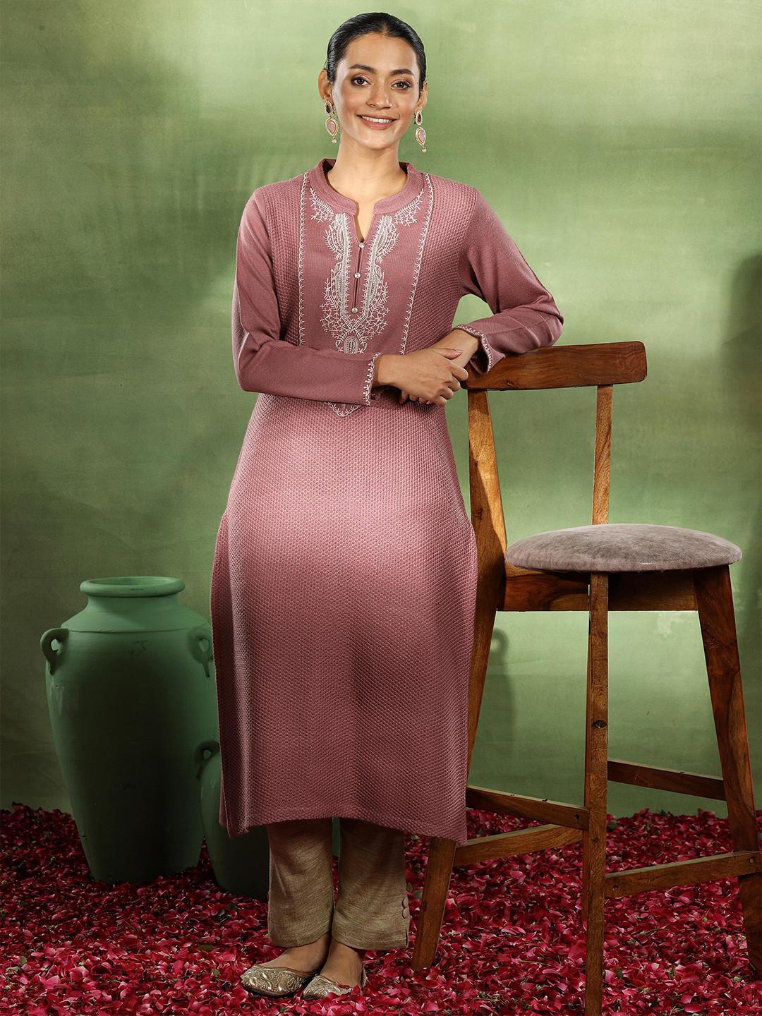 Libas Floral Embroidered Mandarin Collar Straight Woollen Kurta