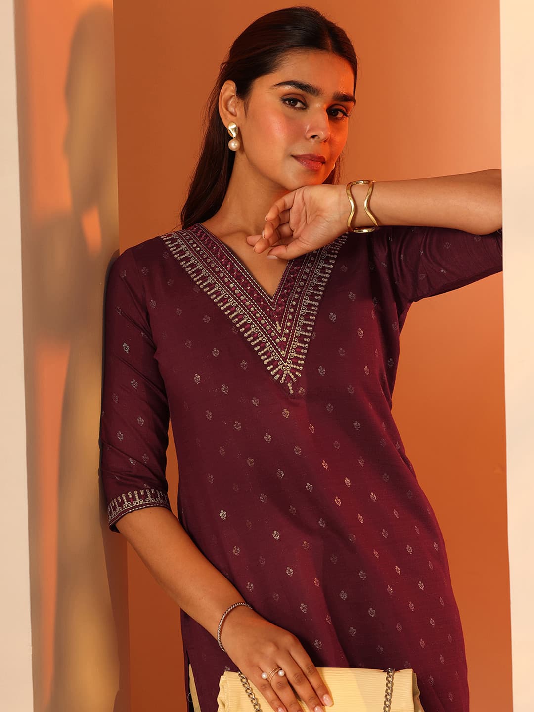 Libas Woven Design V-Neck Silk Straight Kurta
