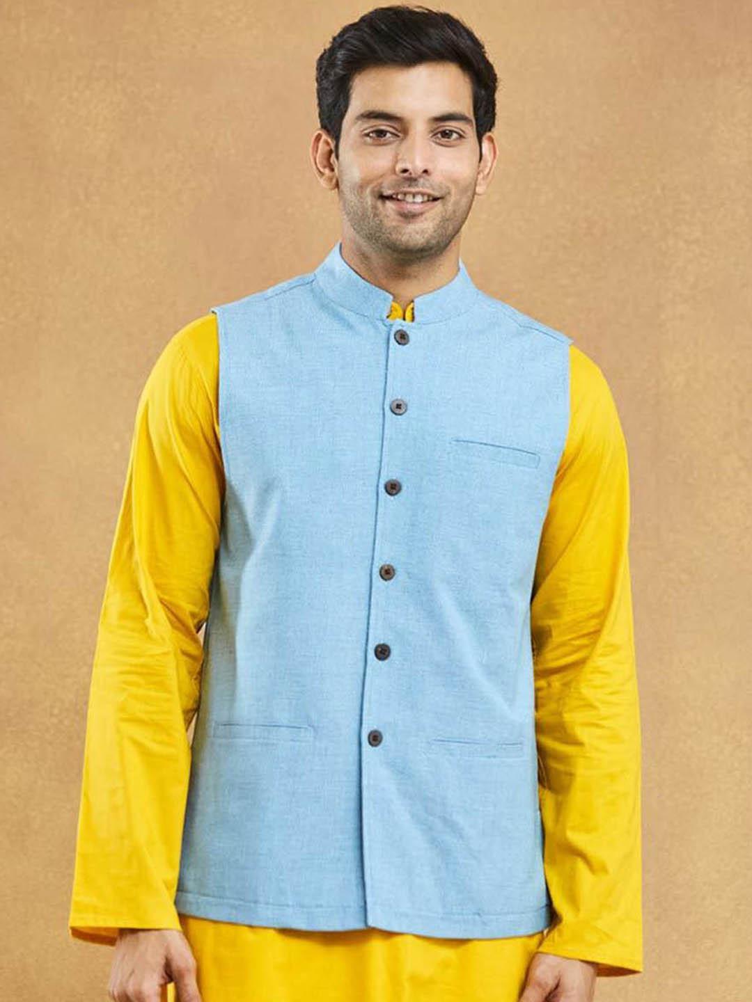 Fabindia Dobby Men Textured Pure Cotton Woven Nehru Jacket