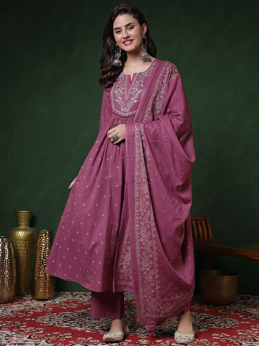 Sangria Floral Printed Pure Cotton Anarkali Kurta & Trousers With Dupatta