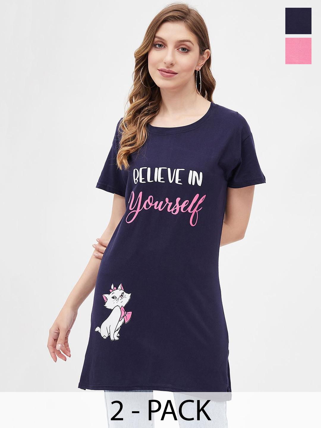 Christy World Women Pack Of 2 Printed Round Neck Long Lounge T-Shirts