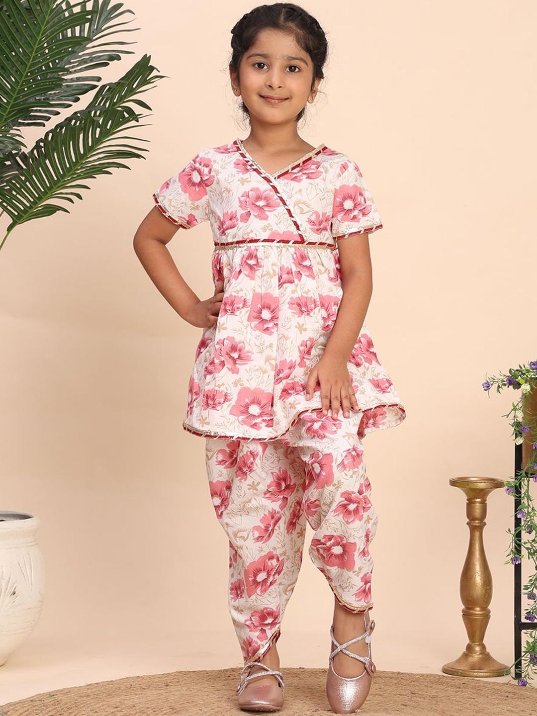 Cutiekins Girls Floral Printed Gotta Patti Pure Cotton A Line Kurta with Dhoti Pants