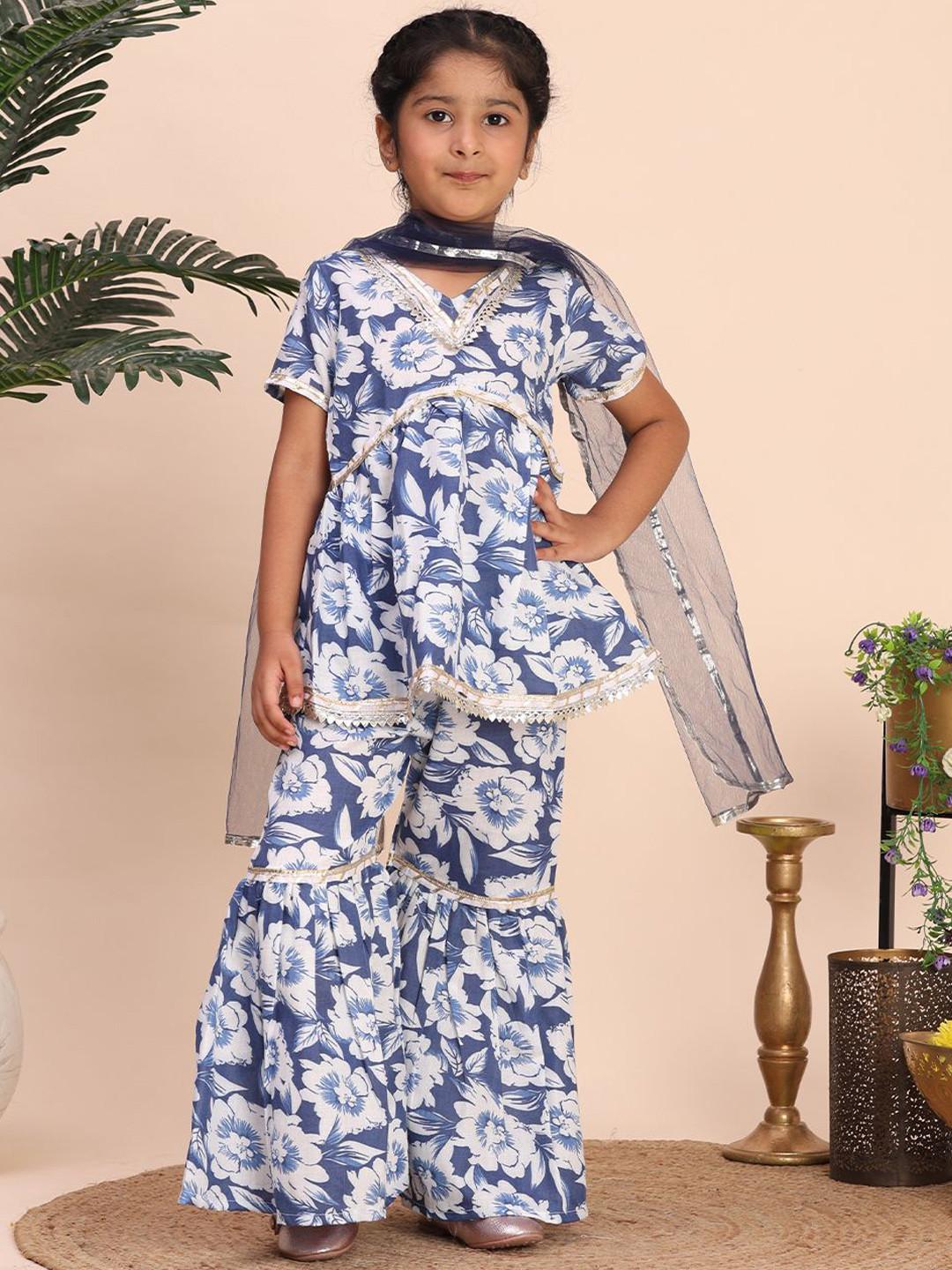 Cutiekins Girls Floral Printed A-Line Kurta with Sharara & Dupatta