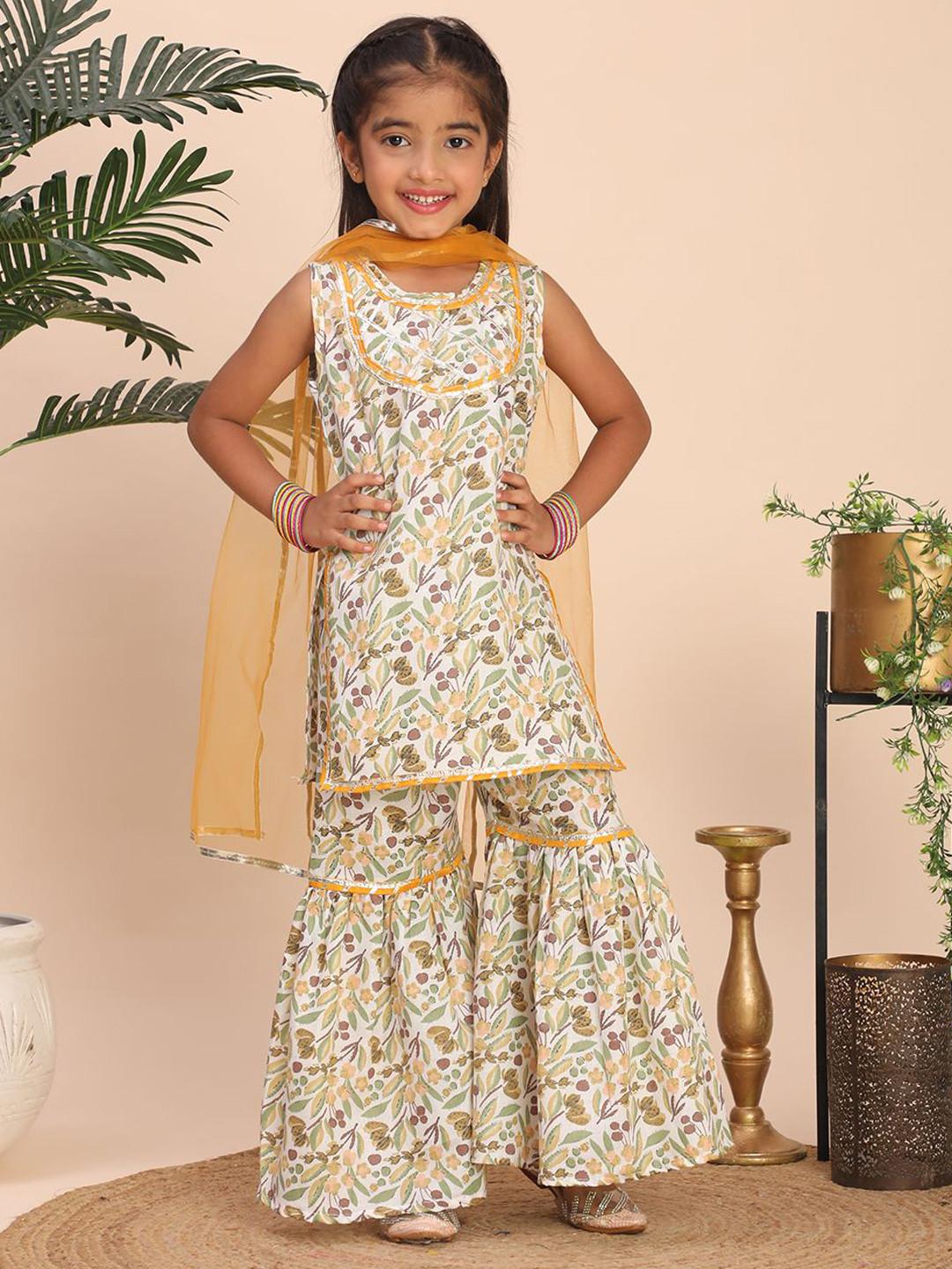 Cutiekins Girls Floral Printed Gotta Patti Straight Kurta With Sharara & Dupatta