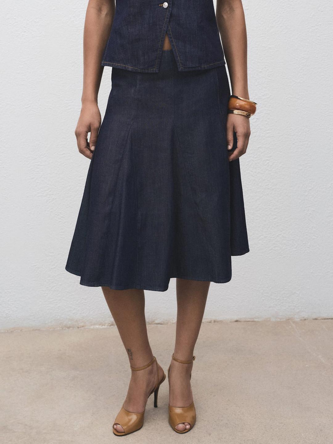 MANGO Pleated Chambray A-Line Skirt