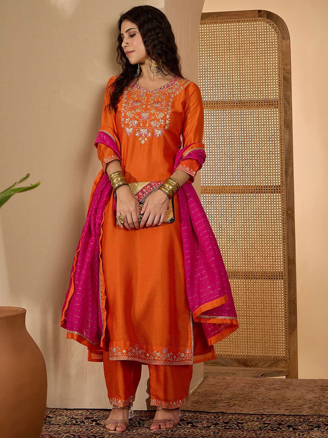 Sangria Floral Yoke Design Round Neck Sequinned Straight Kurta & Palazzos With Dupatta