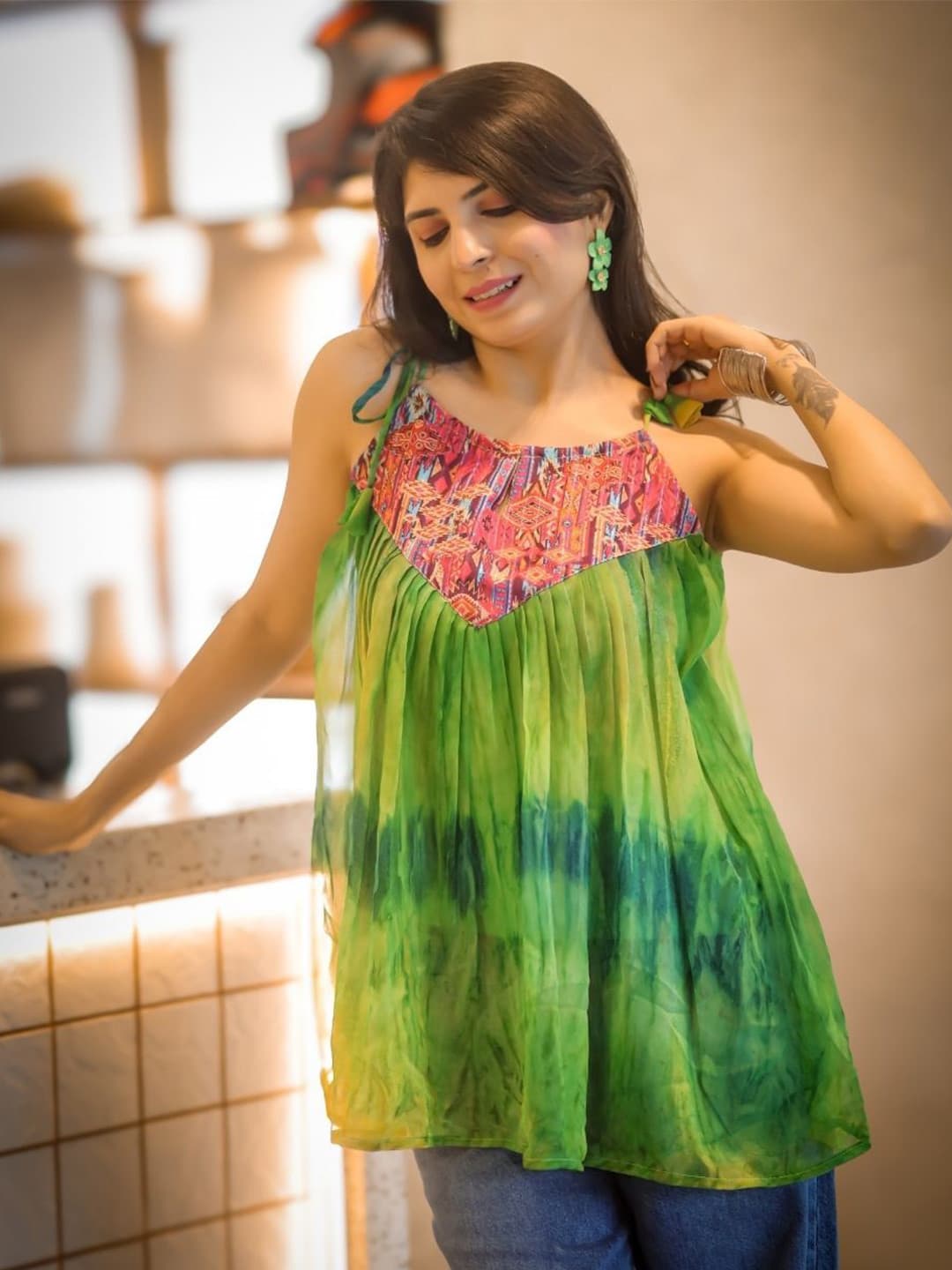 Youthnic Women Georgette Shoulder Knot Flared Short Kurti