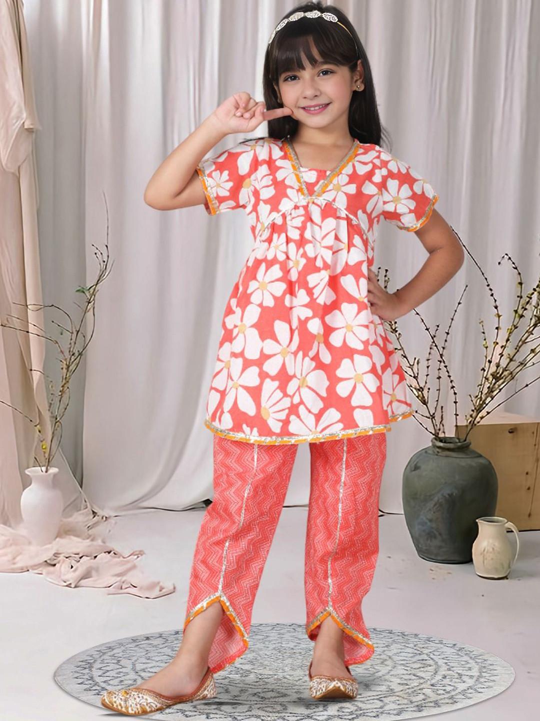 Cutiekins Girls Floral Printed A-Line Kurta with Dhoti Pants