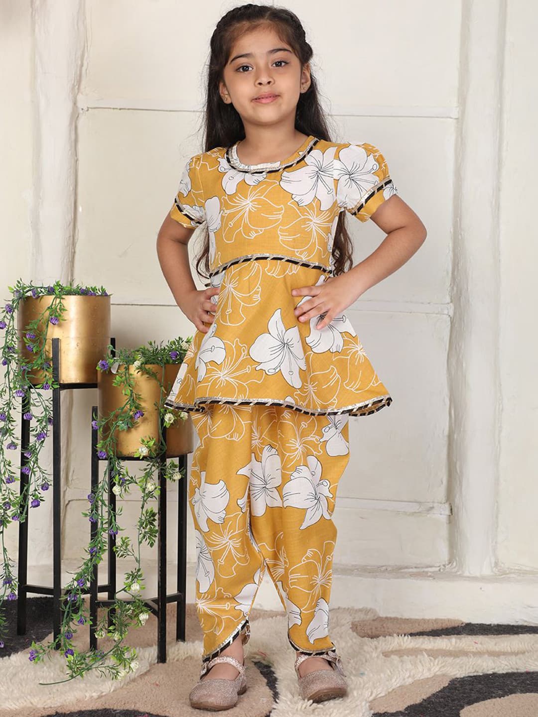 Cutiekins Girls Floral Printed Gotta Patti A-Line Kurta With Dhoti Pant