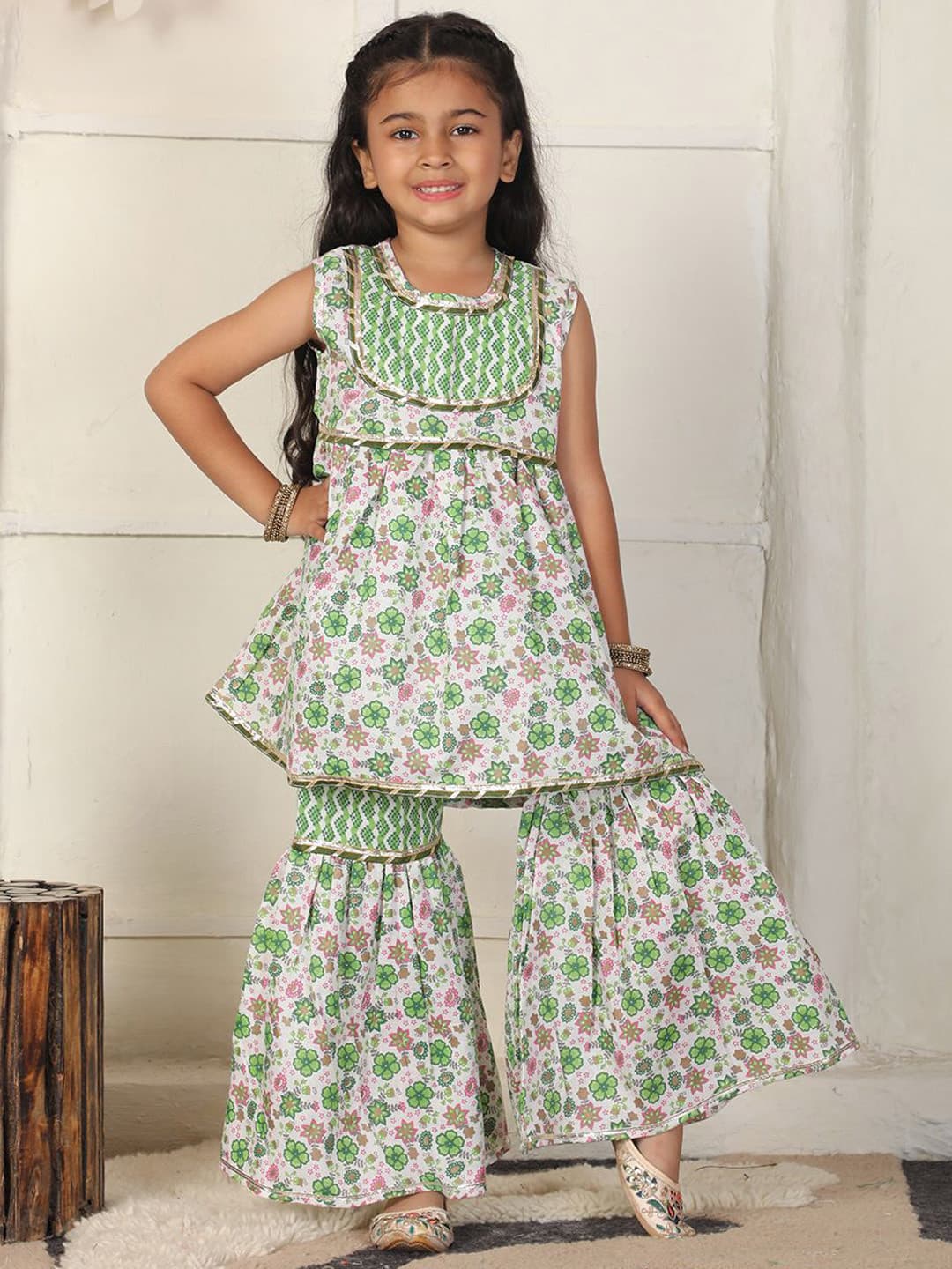 Cutiekins Girls Floral Printed A-Line Kurta with Sharara & Dupatta