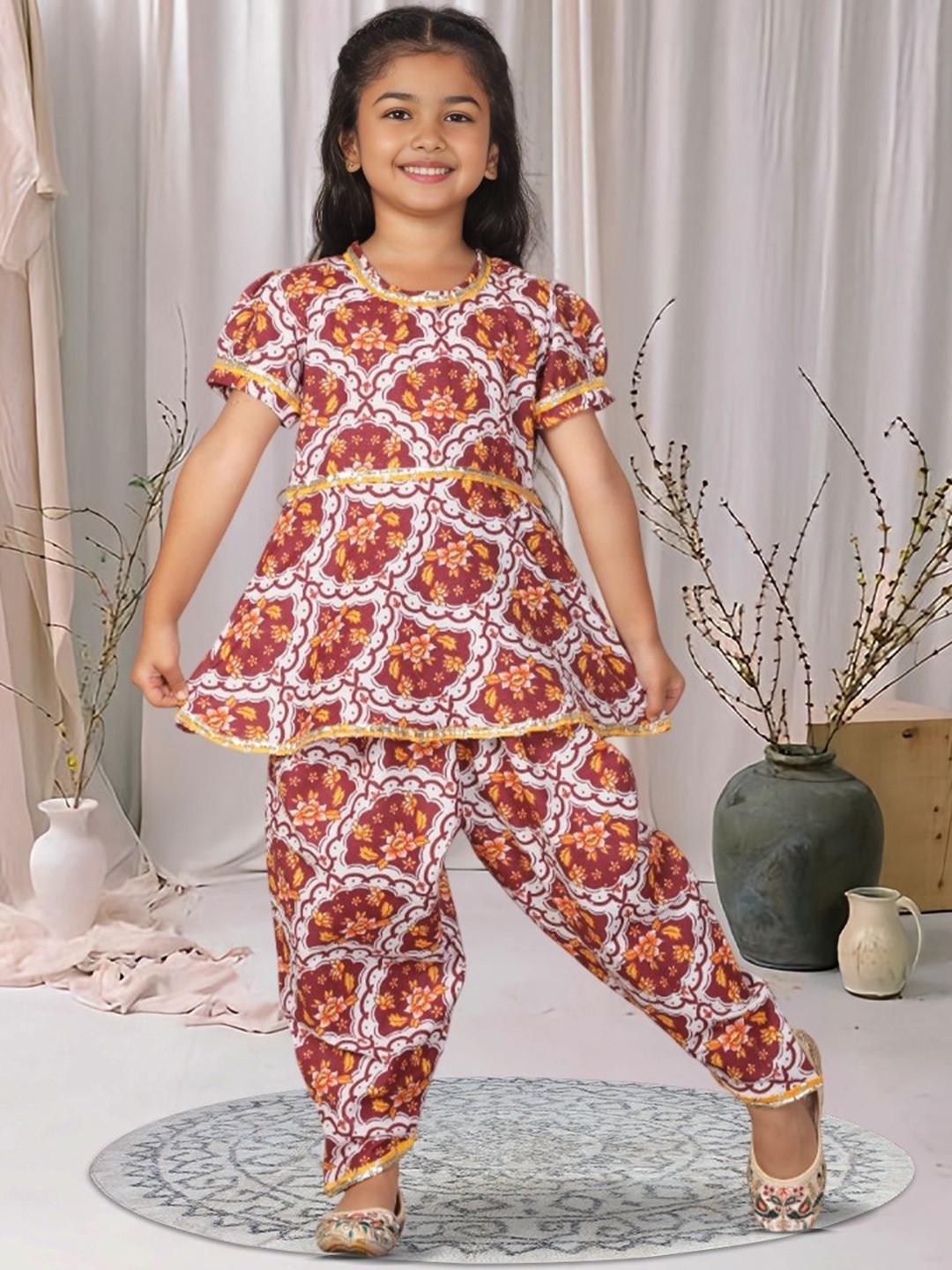 Cutiekins Girls Floral Printed A-Line Kurta with Dhoti Pants