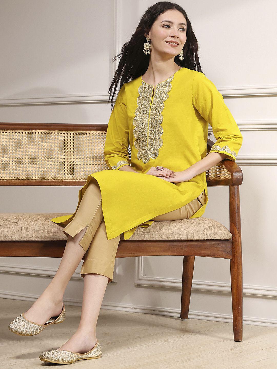 Biba Women Woven Design Yoke Design Round Neck Cotton Kurta