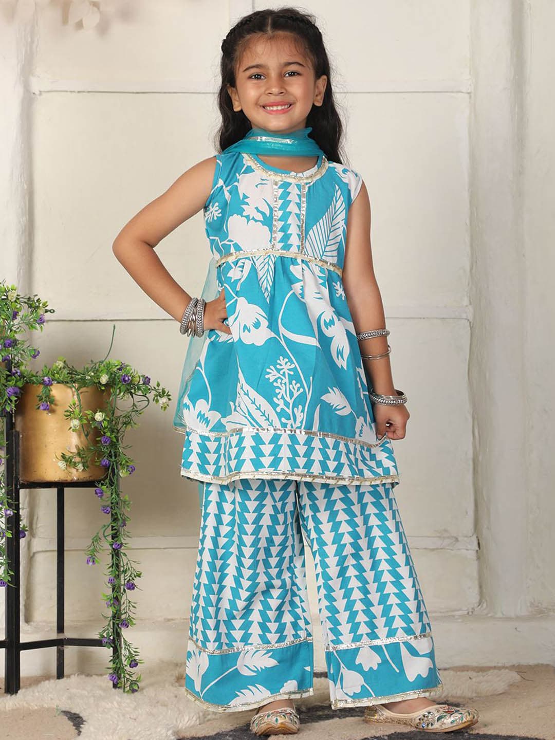 Cutiekins Girls Floral Printed A-Line Kurta with Palazzos & Dupatta
