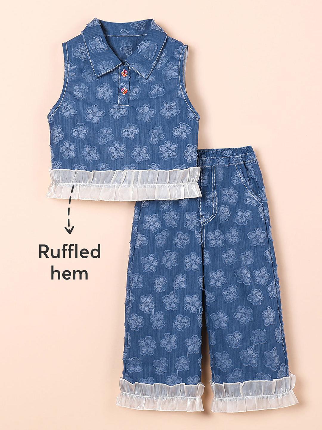2-Pc Ruffle Embellished Denim Jeans Set