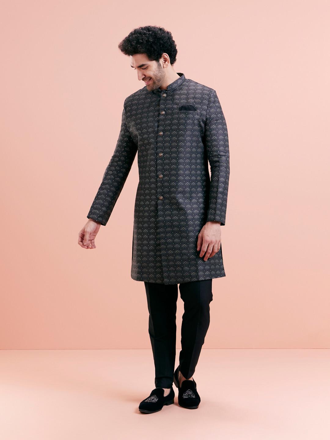 KISAH Men Black Ethnic Motifs Indowestern Sherwani Trouser Set