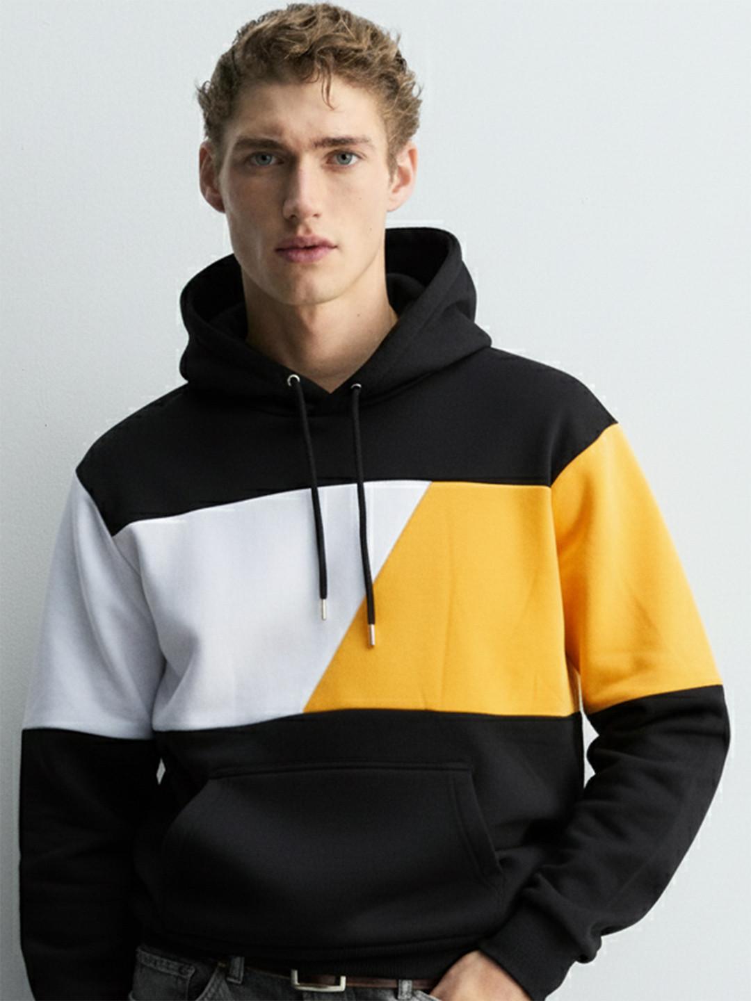 HIGHLANDER Men Black & Yellow Colourblocked Hooded Sweatshirt