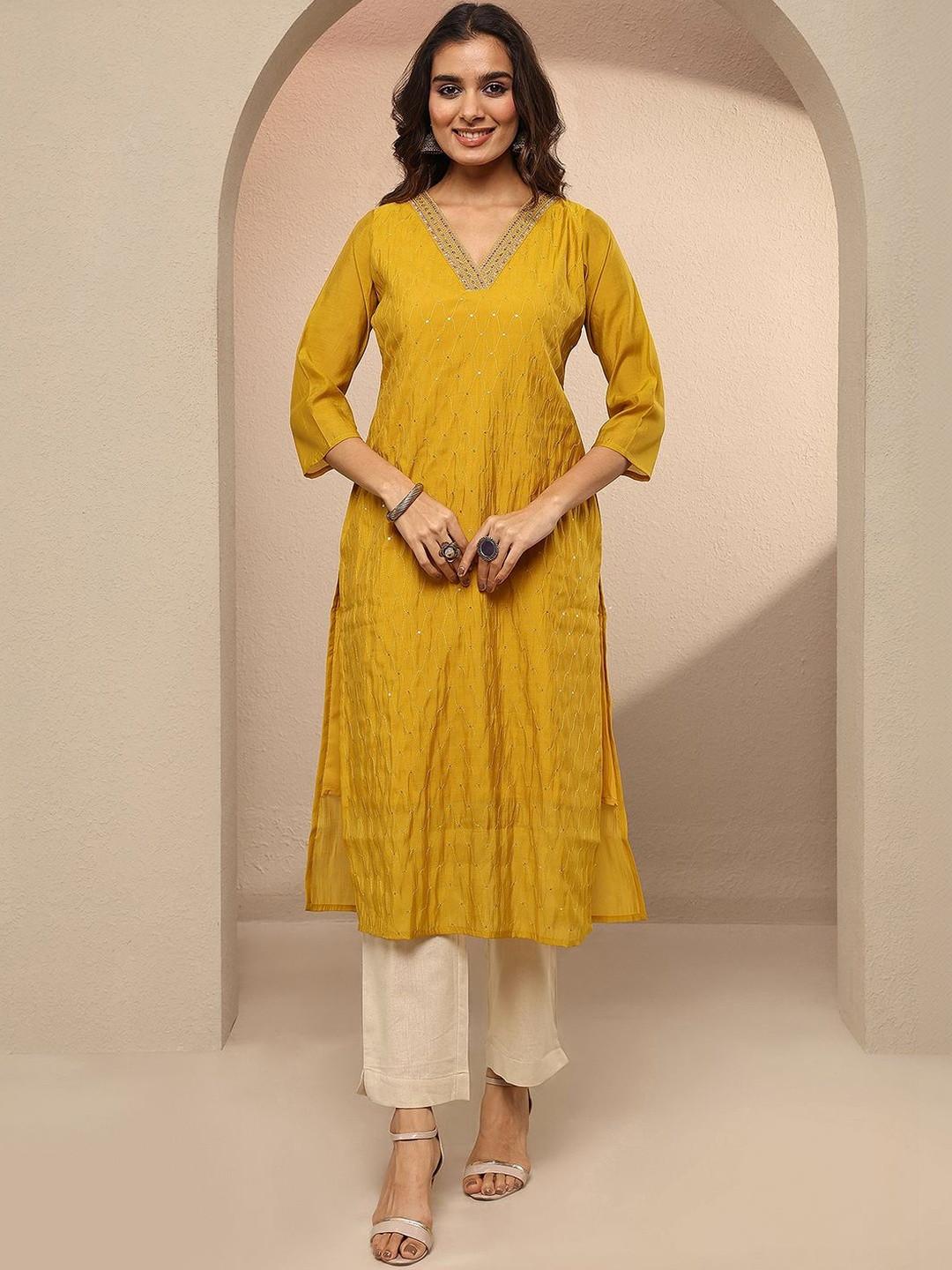 Libas Women Mustard Embellished Chanderi Cotton Straight Kurta