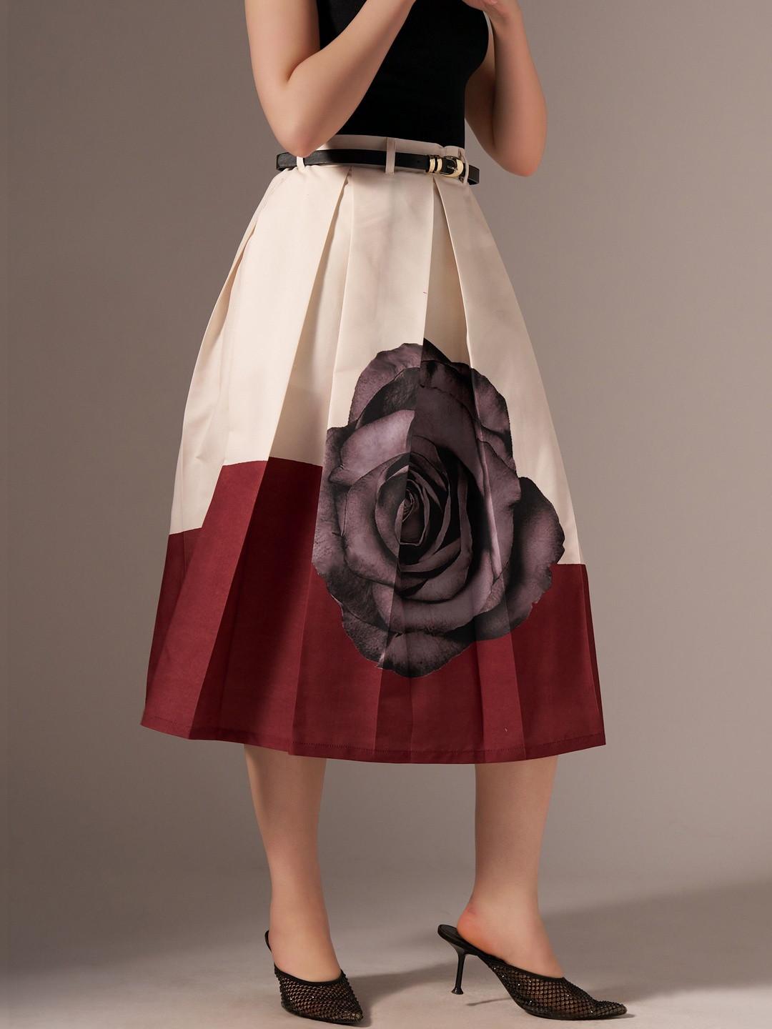 AASK Maroon Printed Pure Cotton Midi Flared Pleated Skirt