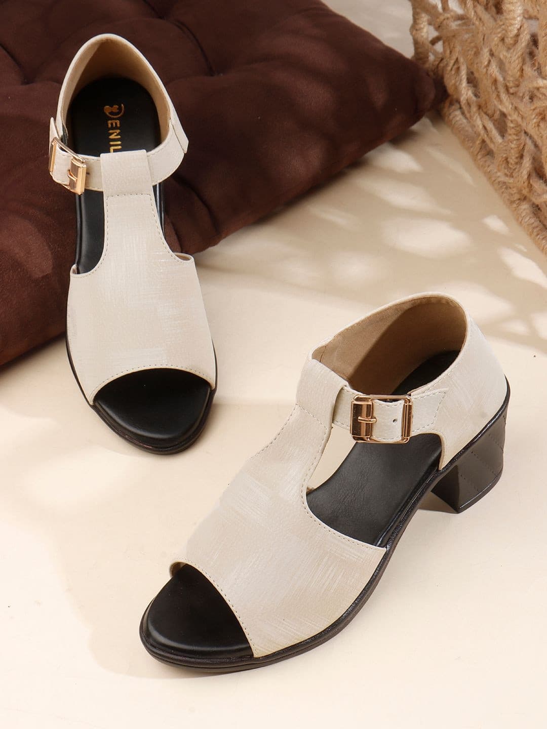 Denill Textured Block Sandals with Buckles