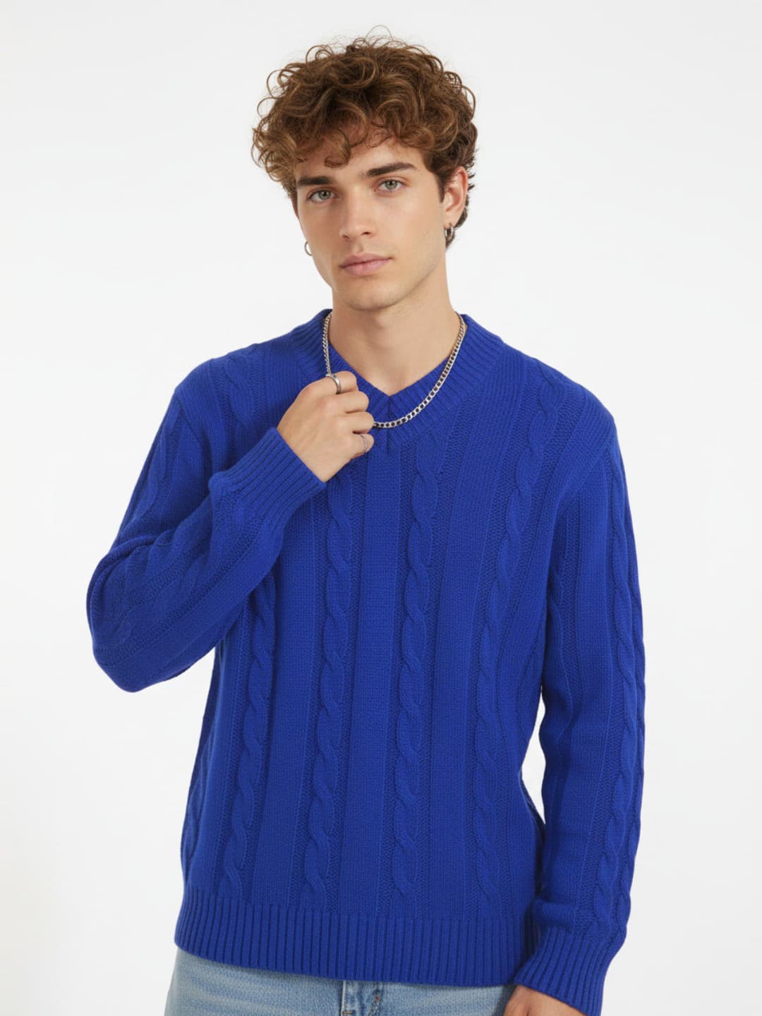 glitchez Cable Knit V-Neck Longline Pullover