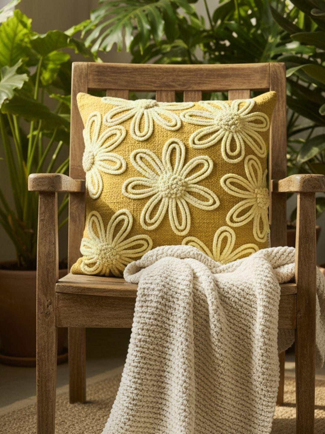 ANWYN Mustard & Cream-Coloured Floral Square Cushion Covers