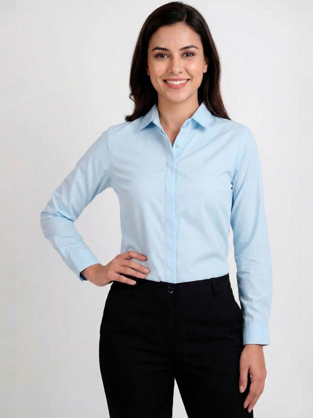 SWAZ Women Sky Blue Regular Fit Solid Spread Collar Formal Shirt