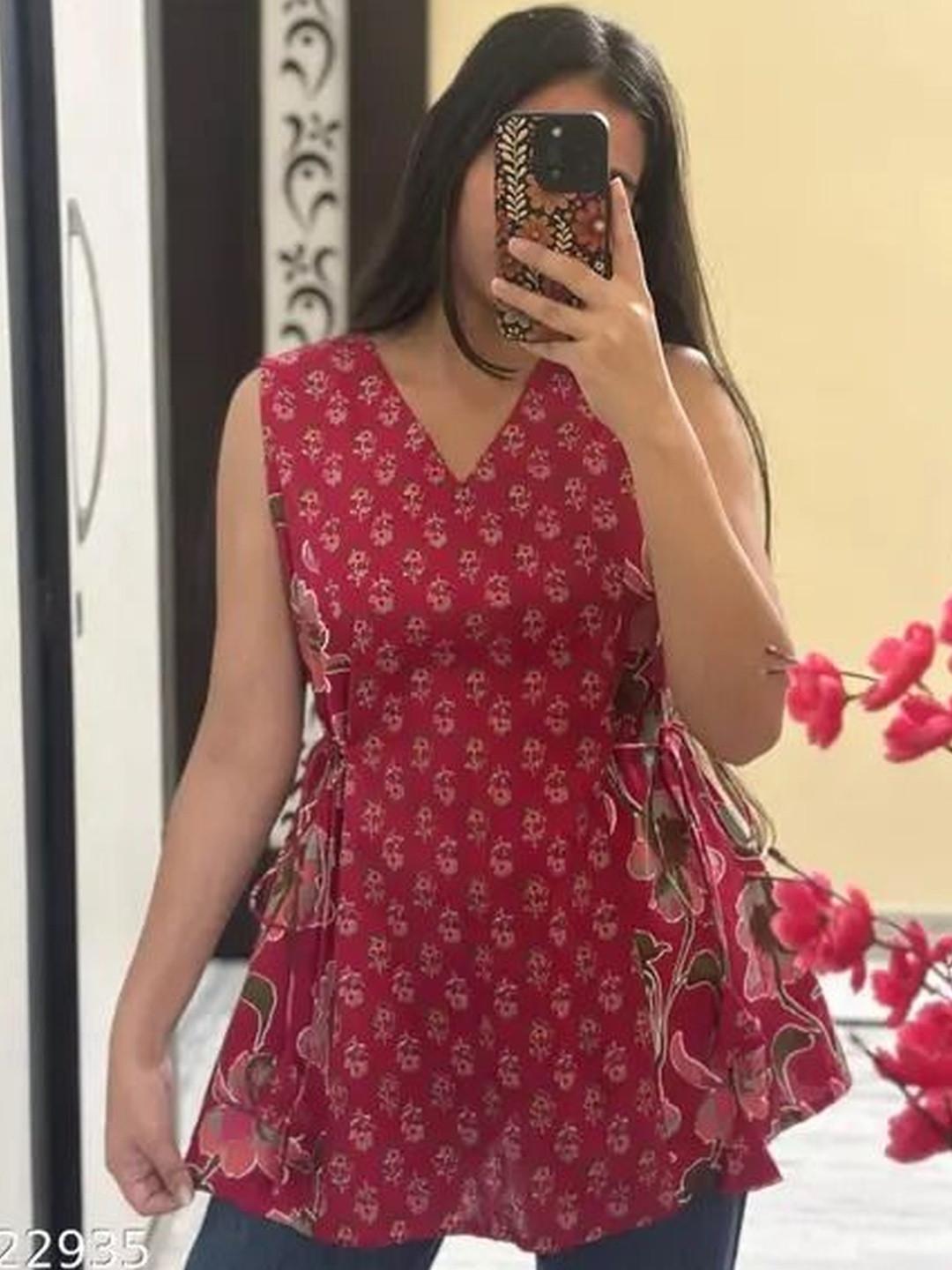 SATITHA Floral Printed V-Neck Pure Cotton Angrakha Kurti