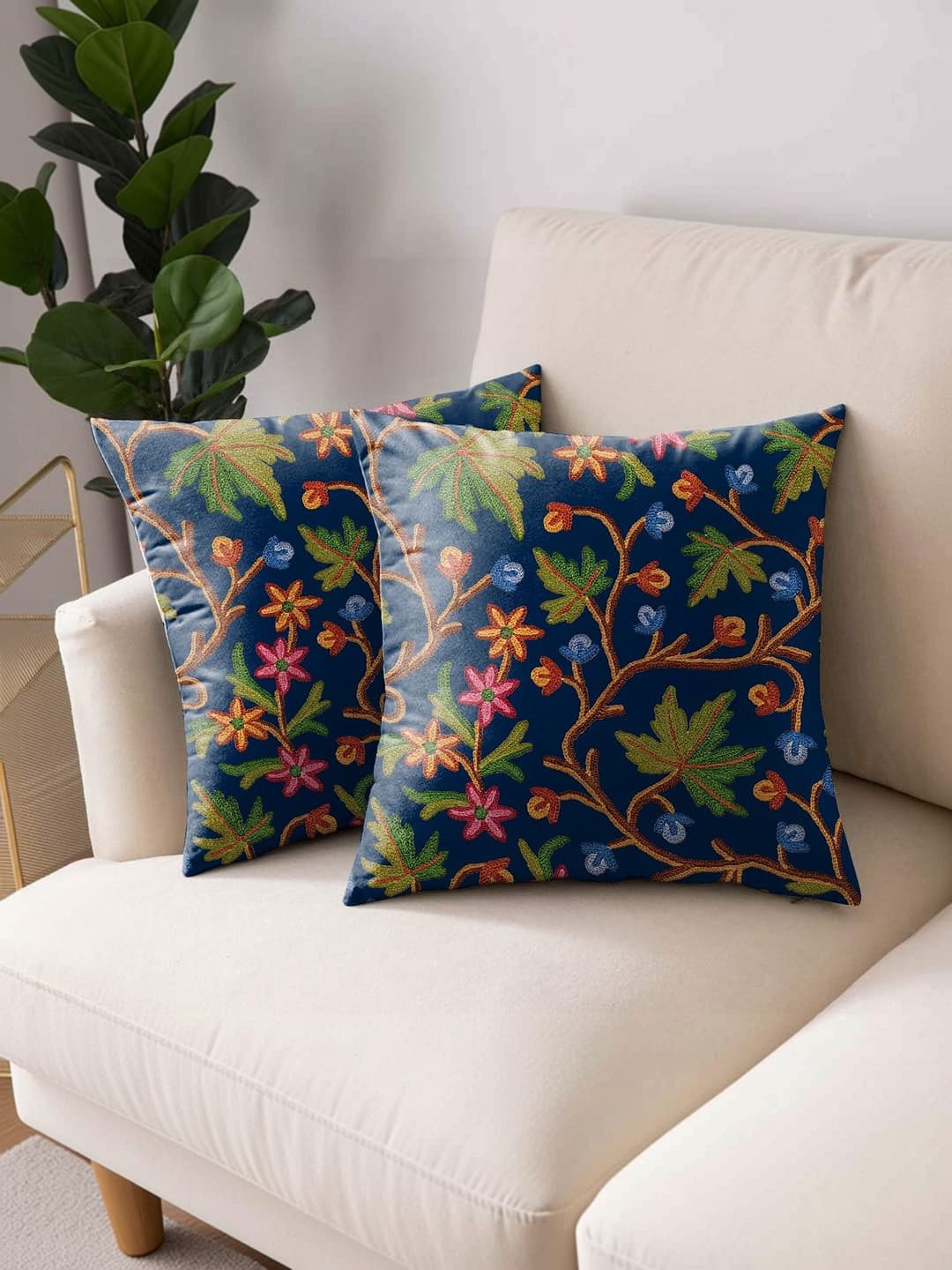 CASABLEU Navy Blue Set of 2 Floral Square Cushion Covers