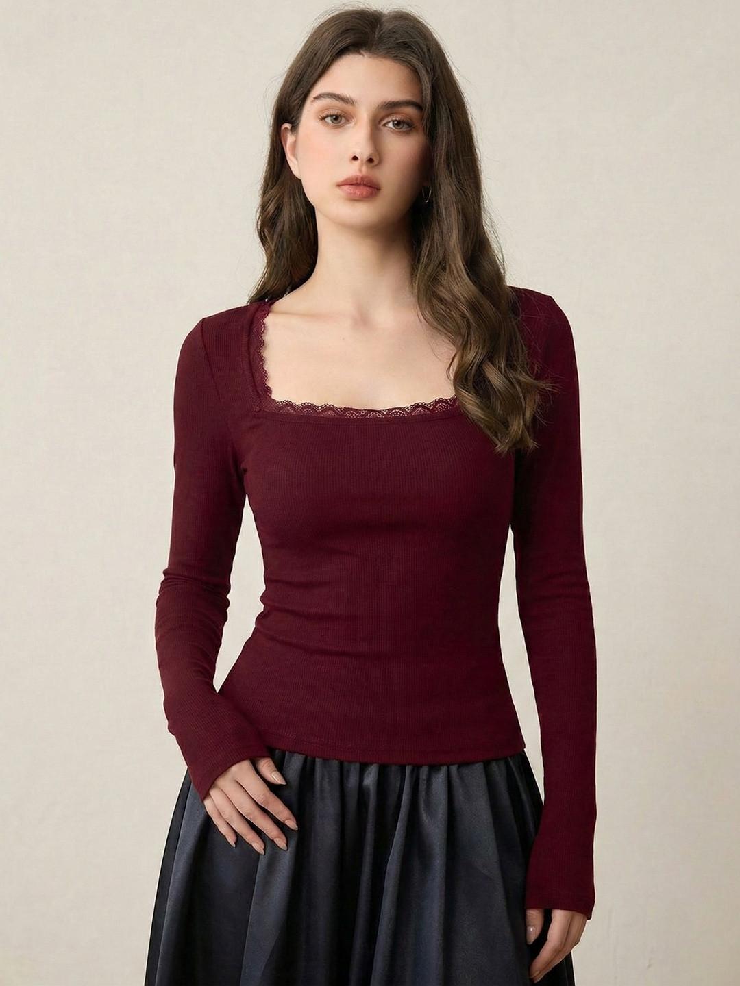 SZN Women's Lace Detail Square Neck Full Sleeve Top