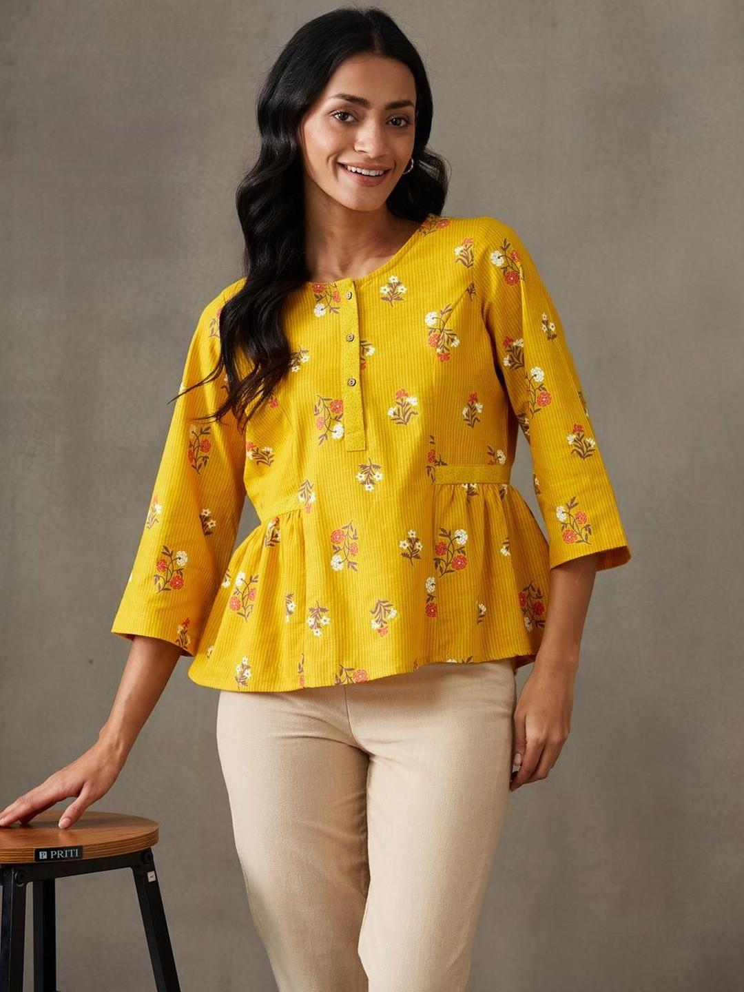 Fabindia Fabnu Mustard Cotton Top