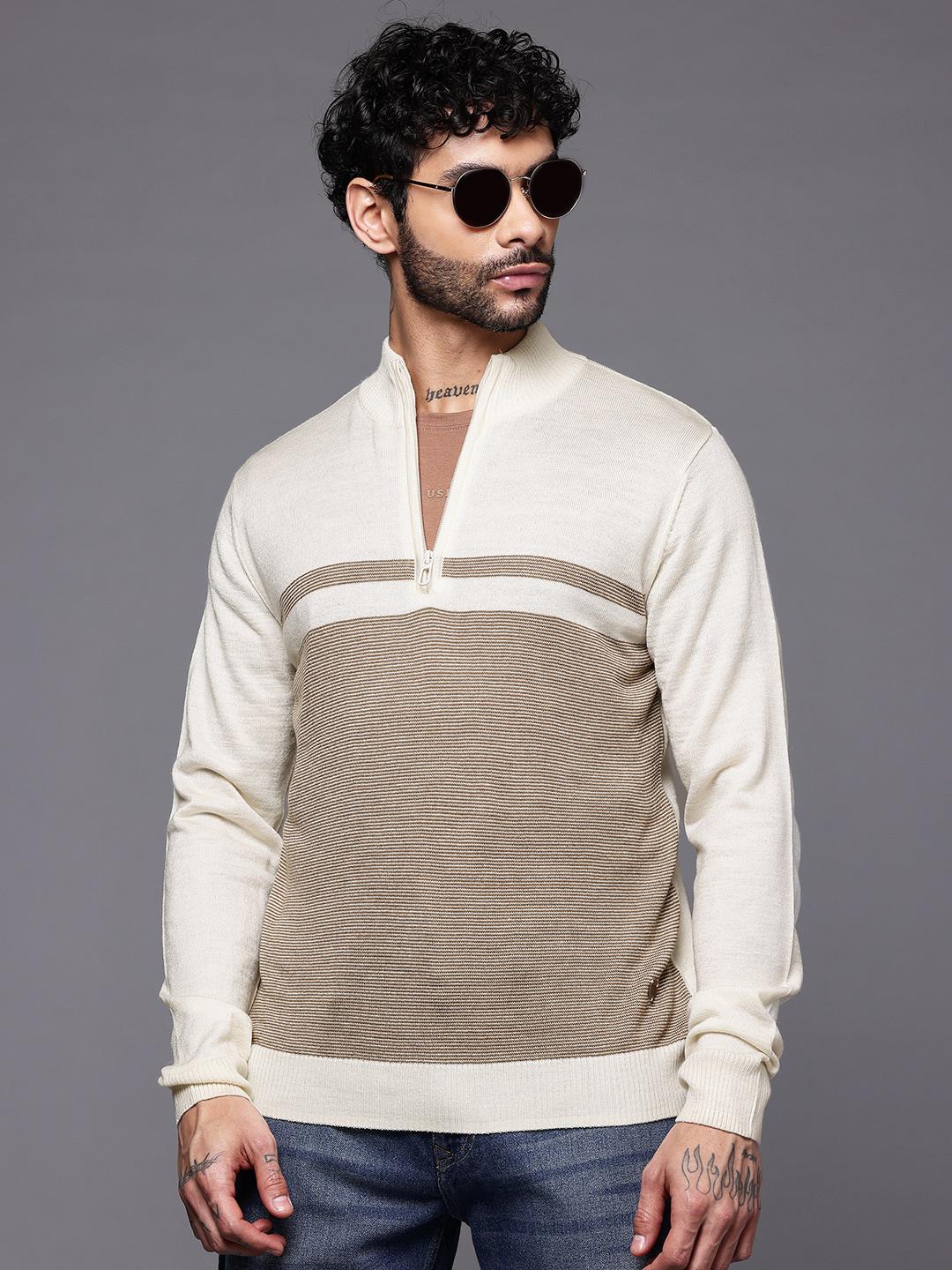 Raymond Striped Colourblocked Mock Collar Half Zipper Pullover