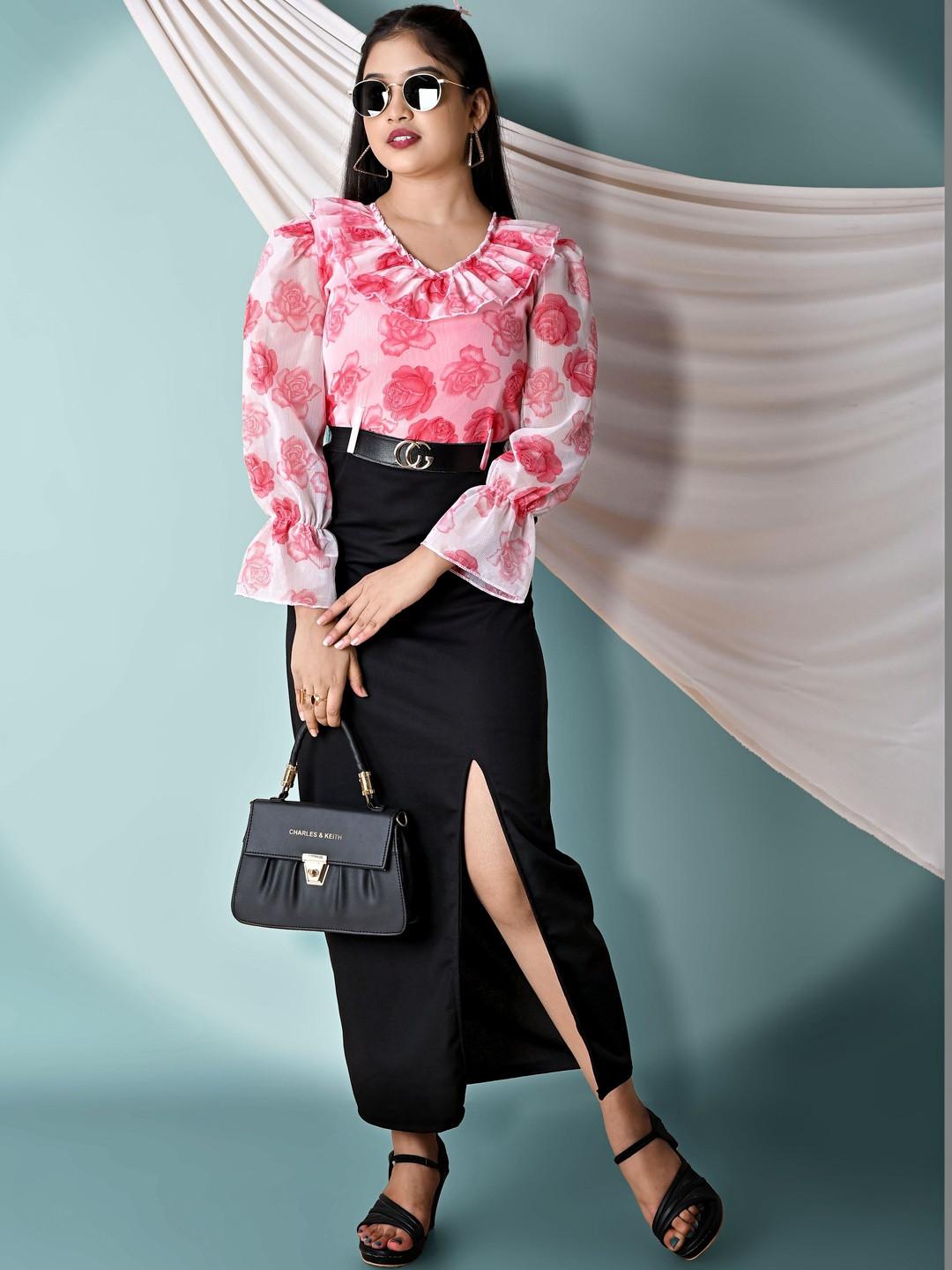 SPAMitude Floral Print Puff Sleeve Ruffled Georgette Bodycon Maxi Dress