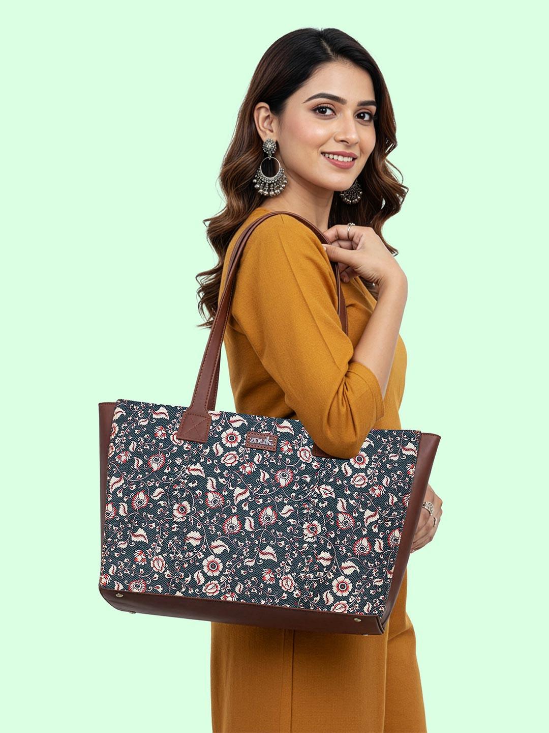 ZOUK Blue Floral Printed Structured Tote Bag Office Handbag