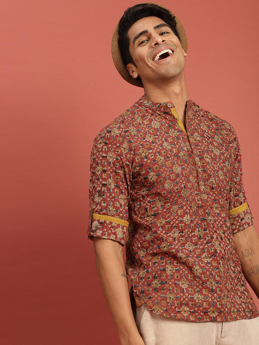 Taavi Men Red Kalamkari Block Printed Straight Kurta with Roll-Up Sleeves