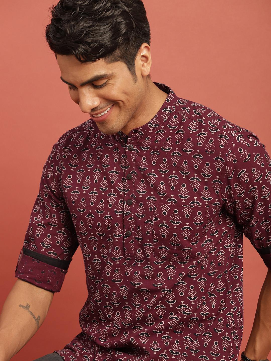 Taavi Men Maroon & Black Bagru Printed Straight Kurta with Roll-Up Sleeves